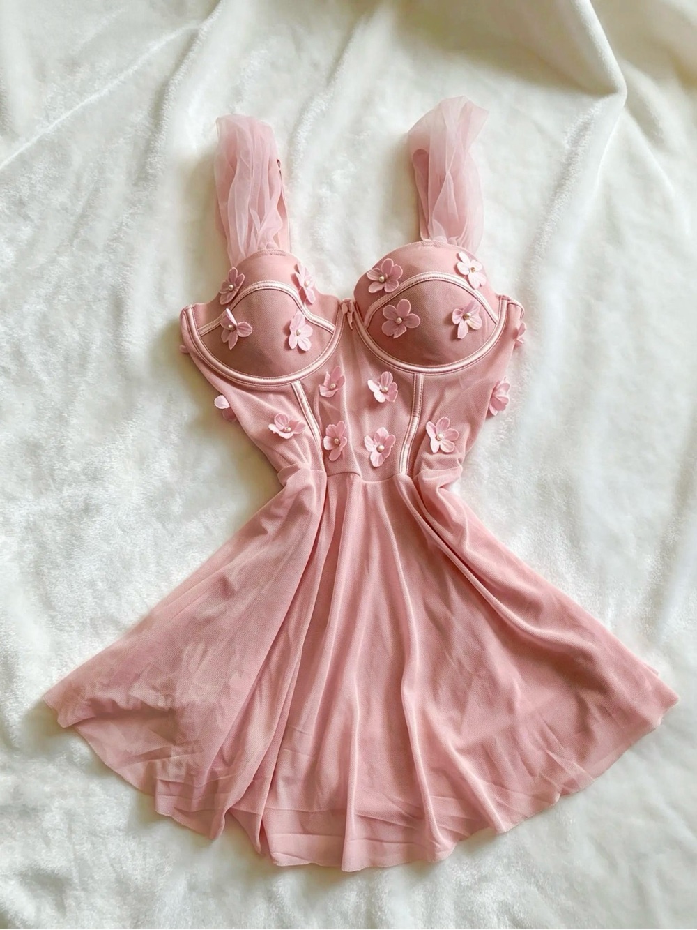 Unique Coquette Pink Floral Babydoll Slip Dress - Fairycore Corset Top